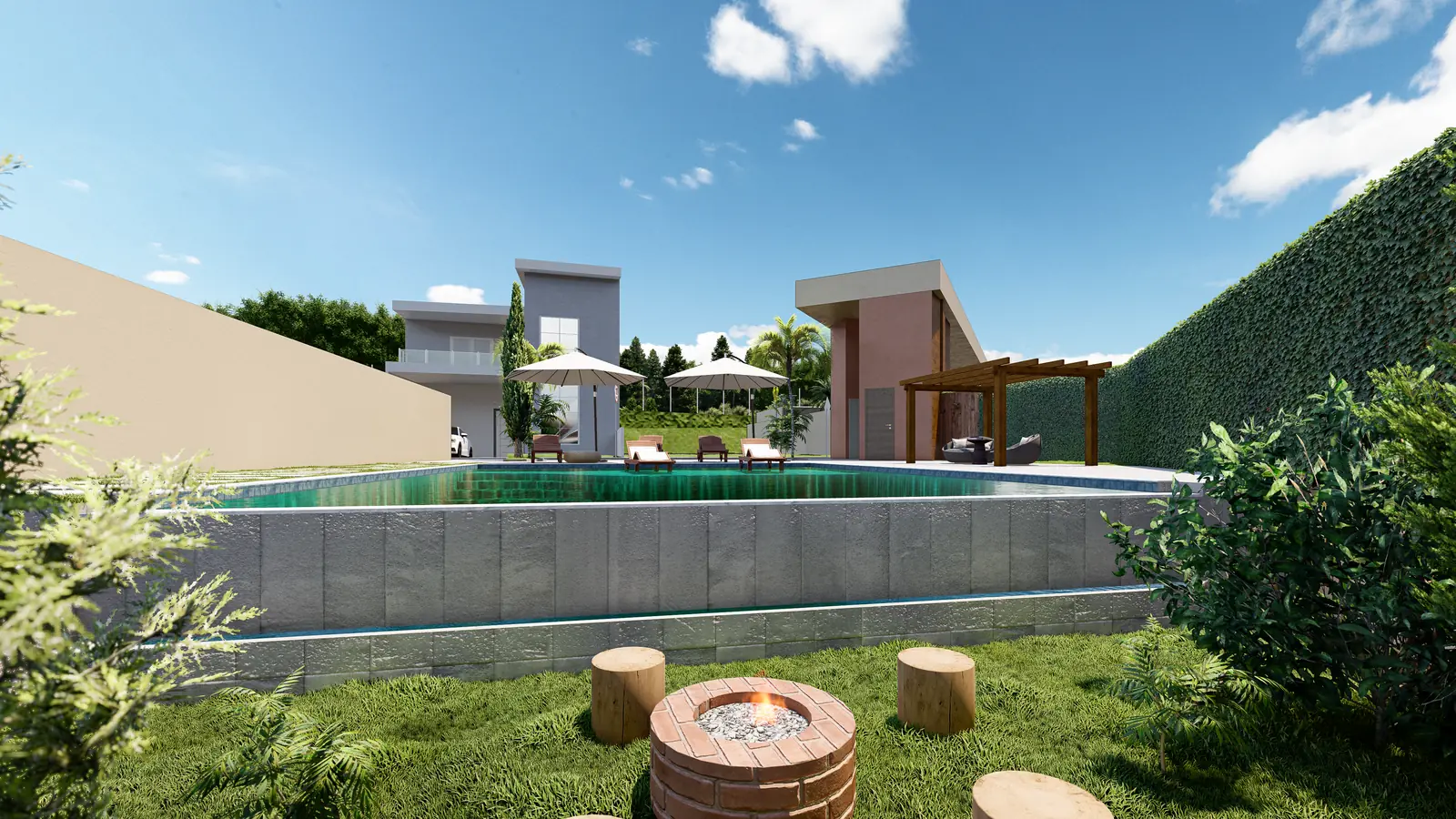 Fire place no gramado ao lado da piscina, com fogueira acesa e bancos de tronco